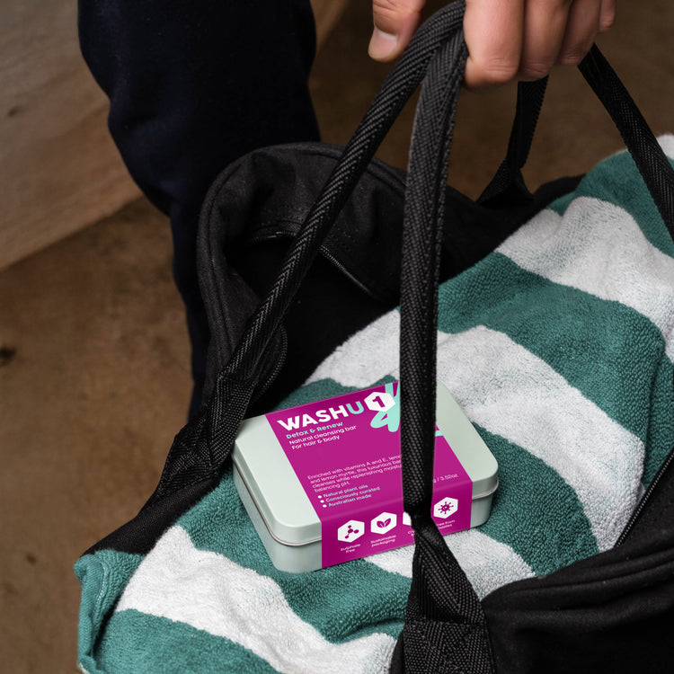 Person holding a bag with a towel and a 'WASHU1' product inside.